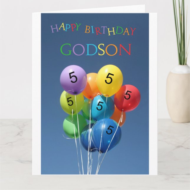 Godson, 5th birthday colored balloons card (Front)