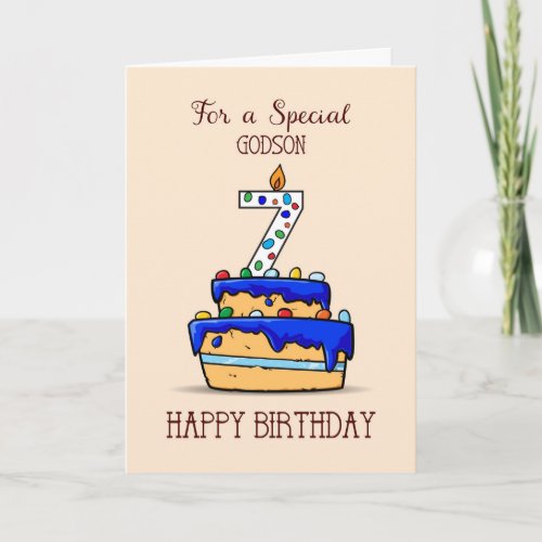 Godson 7th Birthday 7 on Sweet Blue Cake Card