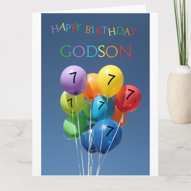 Godson, 7th birthday colored balloons card (Front)