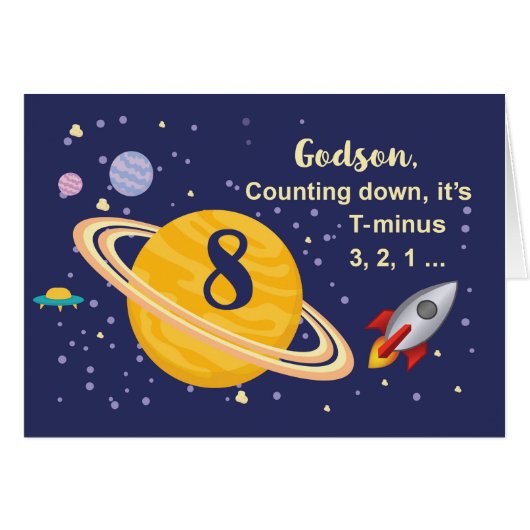 Godson 8th Birthday Planets in Outer Space Cards (Front Horizontal)