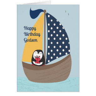 Godson Birthday Card with Penguin Sailing