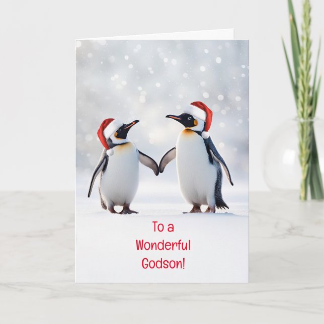 Godson Christmas Happy Holidays Cute Penguins Card (Front)