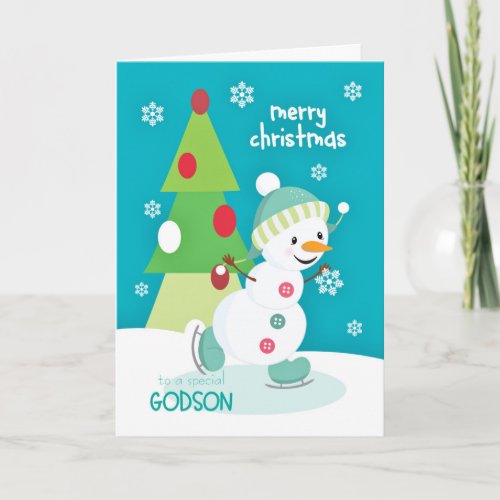 Godson Christmas Snowman Ice Skating Holiday Card