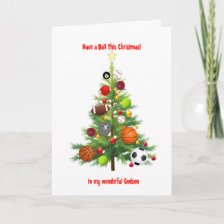 Godson Christmas Tree Decorated With Sports Balls Holiday Card