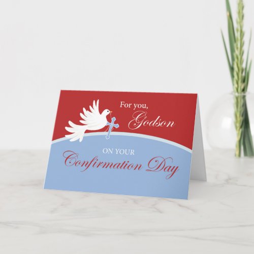 Godson Confirmation Dove on Red and Blue Card