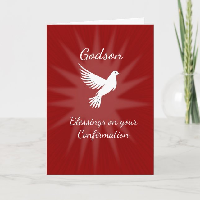 Godson Confirmation Religious Red Dove Rays Design Card (Front)