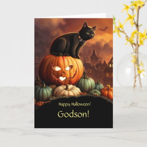 Godson Cute Happy Halloween Jack O Lantern Cat  Card