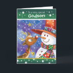 Godson, Cute Reindeer and Snowman Holiday Card<br><div class="desc">For Godson. A really cute,  colorful Christmas card. The illustration shows a sweet baby deer with big open eyes and a fun snowman in a huge hat looking fondly,  nose to nose,  at each other. They are set against a blue watercolor sky and snow is falling around them.</div>