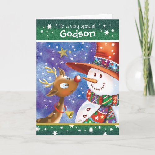 Godson Cute Reindeer and Snowman Holiday Card