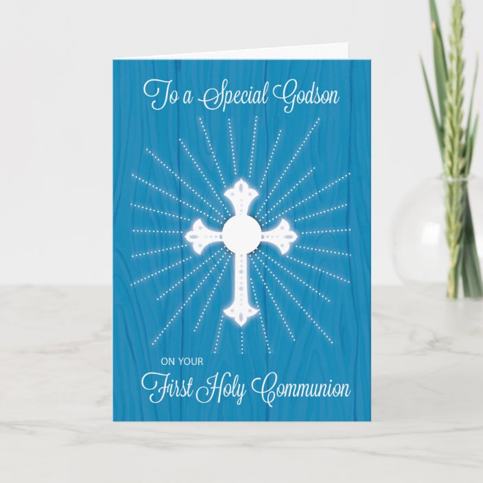 Godson First Communion Cross and Rays on Blue Wood Card | Zazzle.com