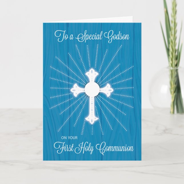 Godson First Communion Cross and Rays on Blue Wood Card (Front)