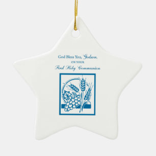 Godson First Communion, Wheat, Grapes Blue Ceramic Ornament