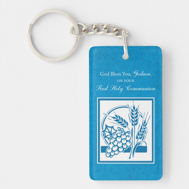 Godson First Communion, Wheat, Grapes Blue Keychain (Front)