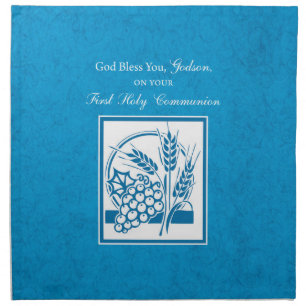 Godson First Communion, Wheat, Grapes Blue Napkin