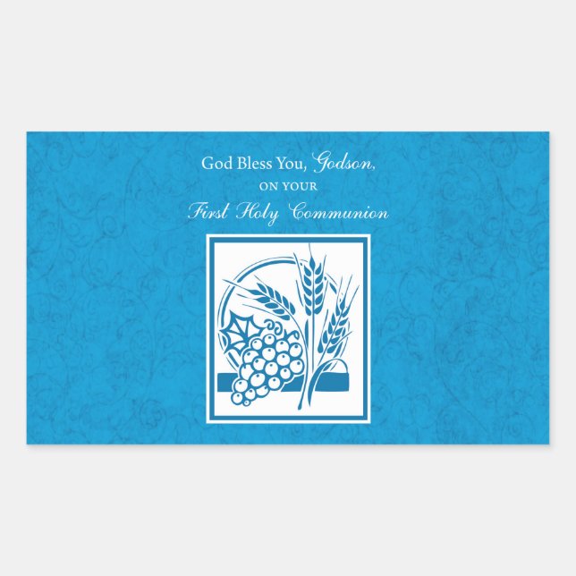 Godson First Communion, Wheat, Grapes Blue Rectangular Sticker (Front)
