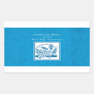 Godson First Communion, Wheat, Grapes Blue Rectangular Sticker