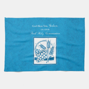 Godson First Communion, Wheat, Grapes Blue Towel