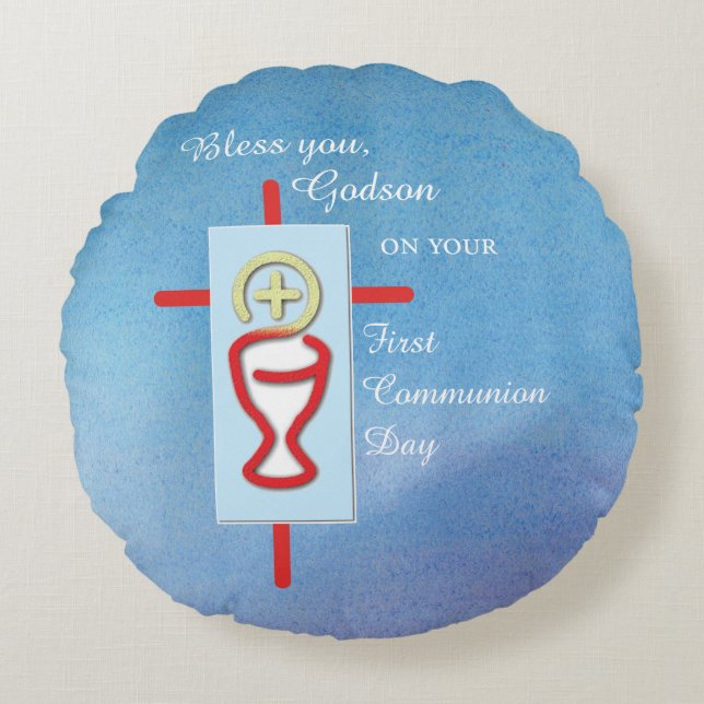 Godson, First Holy Communion, Blue Round Pillow (Front)