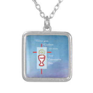 Godson, First Holy Communion, Blue Silver Plated Necklace