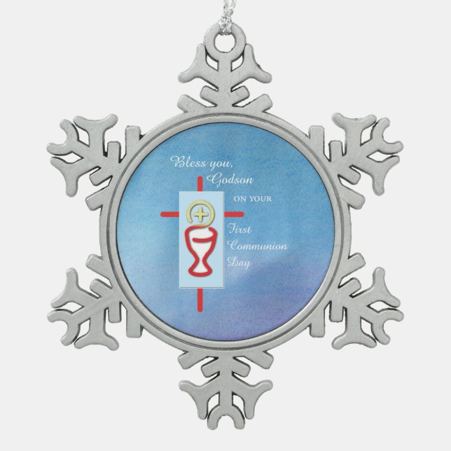 Godson, First Holy Communion, Blue Snowflake Pewter Christmas Ornament (Front)