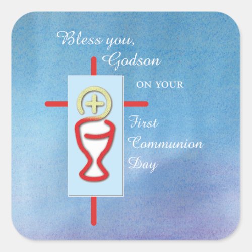Godson First Holy Communion Blue Square Sticker