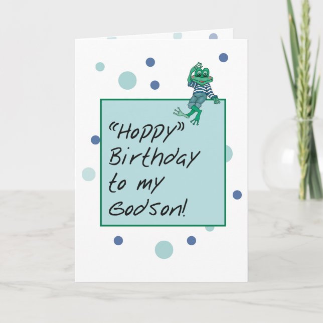 Godson Frog in Jeans, Birthday, Polka Dots Card (Front)