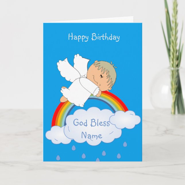Godson Gift Cute Angel Rainbow Personalized Holiday Card (Front)