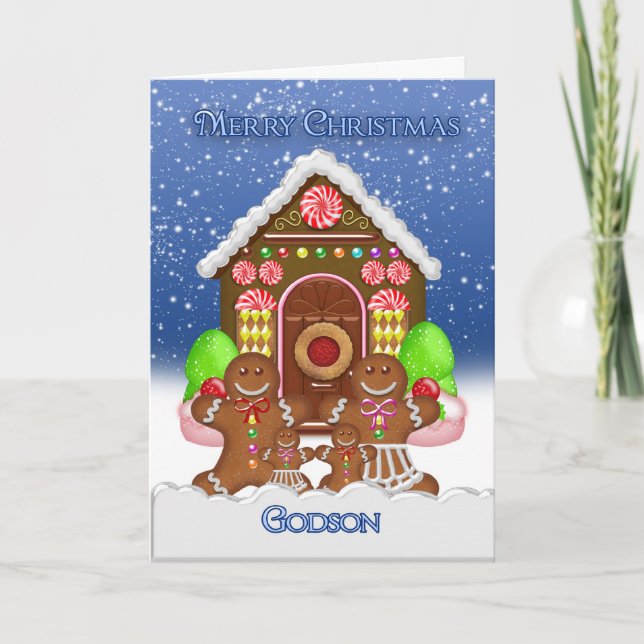 Godson Gingerbread House and Family Christmas Gree Holiday Card (Front)