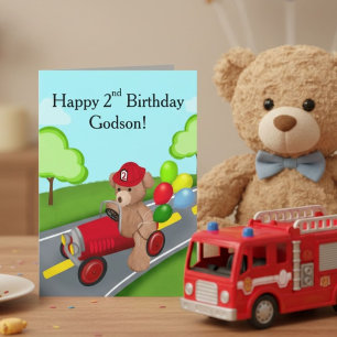 Godson Happy 2nd Birthday Teddy Bear  Firetruck Card