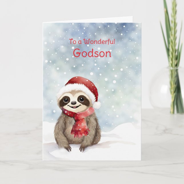 Godson Happy Holidays Cute Sloth with Santa Hat Card (Front)