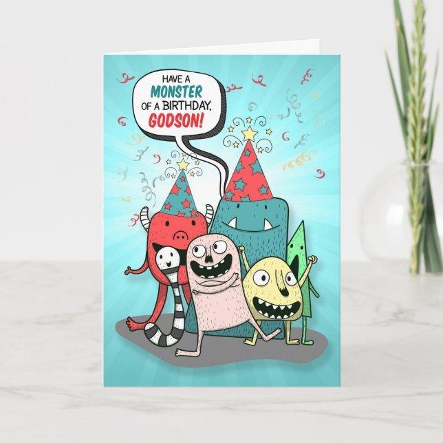 Godson Red and Teal Monster Birthday Card (Front)
