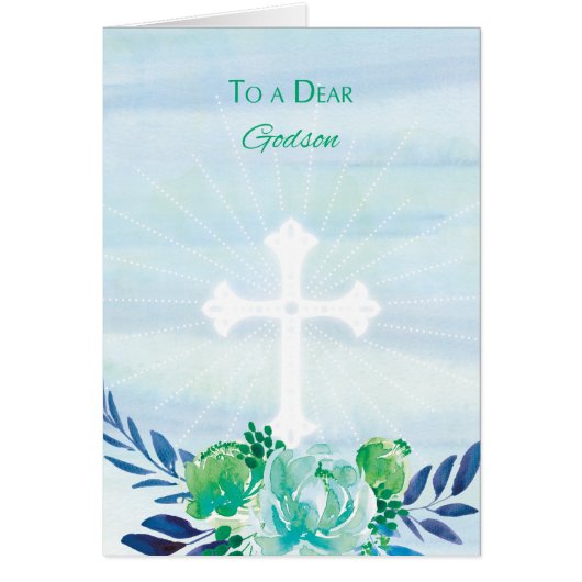 Godson Teal Blue Flowers with Cross Easter Cards (Front)