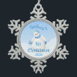 Godson's 1st Christmas Snowman Snowflake Pewter Christmas Ornament<br><div class="desc">Cute snowman with fuzzy blue mittens, hat and scarf is smiling in a soft snow of pretty snowflakes on this first christmas keepsake snowflake ornament for your godson. Personalize year using the template provided. We specialize in custom-made designs, so contact us if you would like a unique made-to-order layout using...</div>