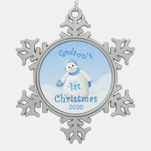 Godsons 1st Christmas Snowman Snowflake Pewter Christmas Ornament
