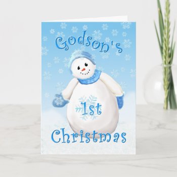 Godson's First Christmas Snowman Holiday Card by anuradesignstudio at Zazzle