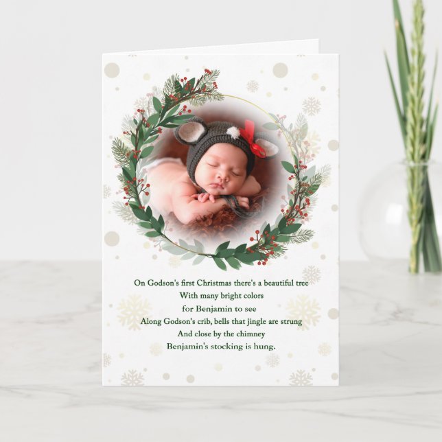 Godson's Photo and Name 1st Christmas Holiday Card (Front)