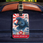 Godzilla Monogram Asian Lizard Monster Funny Retro Luggage Tag<br><div class="desc">“Guarding (Your Name’s) Bag”. Travel is always more fun with a luggage tag calling your name. This funny, cool, striking, unique lizard tag will help keep your bag safe as well as infuse it with ample personality. A retro vintage, turquoise blue godzilla lizard monster appears over turquoise Japanese waves along...</div>