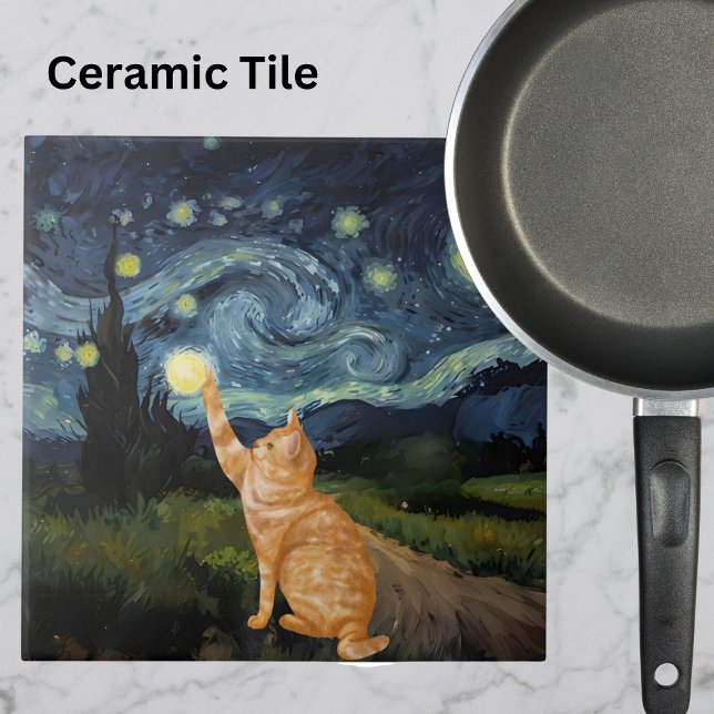 Gogh Kitty Starry Night Cat Ceramic Tile (Creator Uploaded)