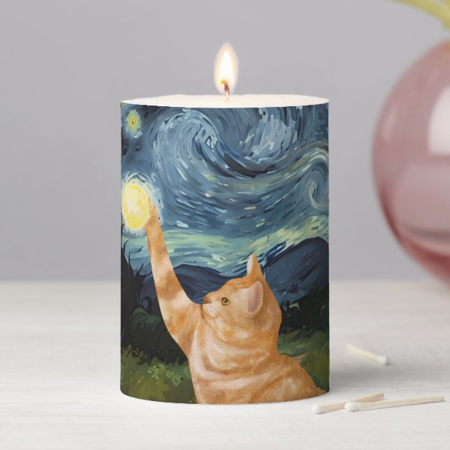 Gogh Kitty Starry Night Cat Pillar Candle (In Situ)