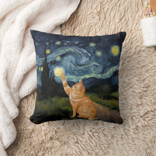 Gogh Kitty Starry Night Cat Throw Pillow (Blanket)