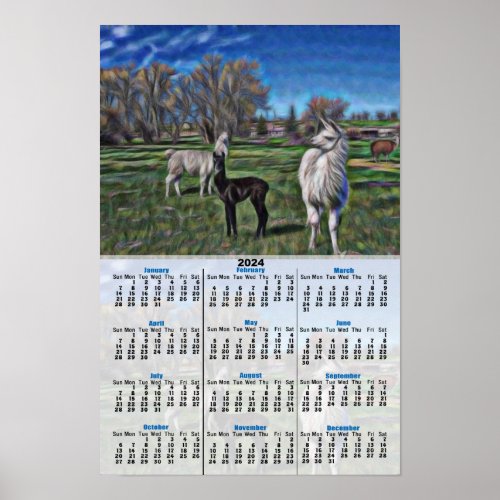 Gogh Style Llamas 2024 Calendar Poster