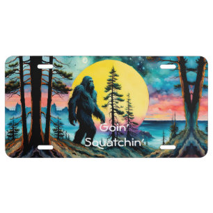 Goin' Squatchin' Colorful Sasquatch Landscape License Plate