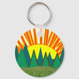 Going Bold Sunrise on Horizon Pine Tree Grove Keychain