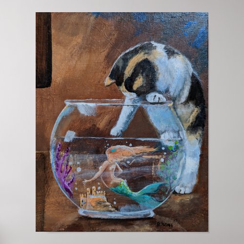 Going Fishing Cat and Mermaid whimsical Poster