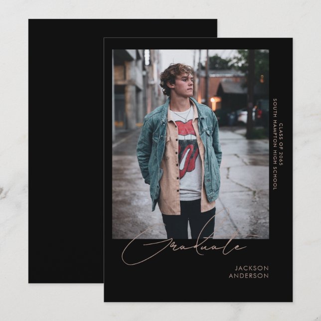Going Solo Photo Black Graduation Announcement (Front/Back)
