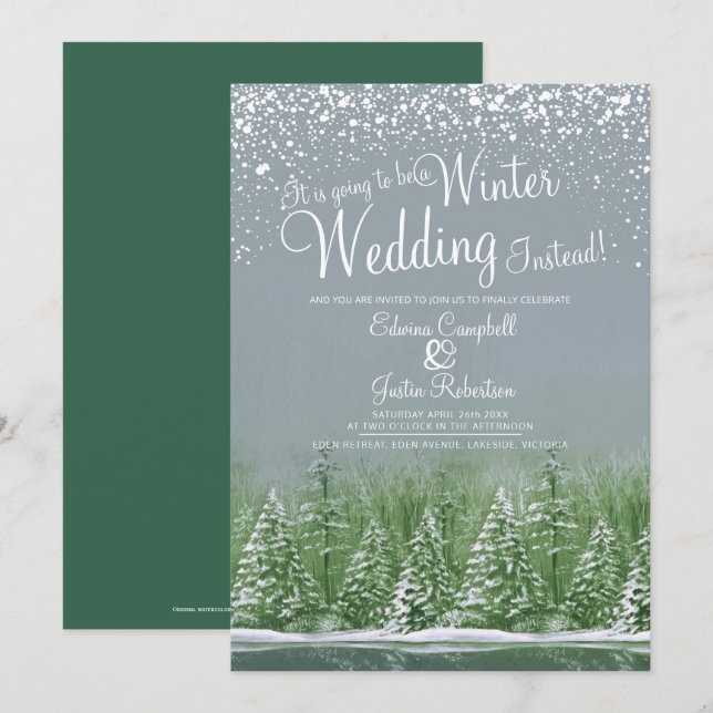 Going to be a winter wedding snow lake gray green invitation (Front/Back)