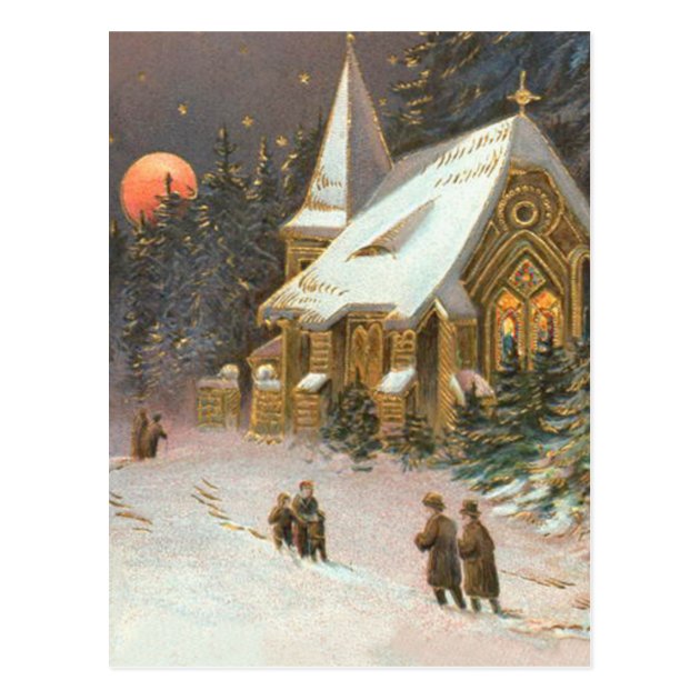 Going To Church Tree Snow Moon Stars Postcard