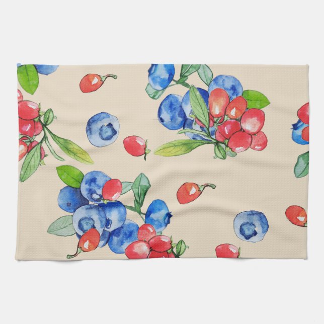 Goji, blueberry: watercolor illustration pattern. kitchen towel (Horizontal)