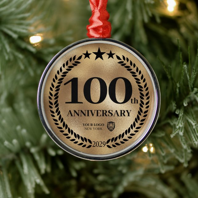 Gold  100th Anniversary Business Logo Christmas Metal Ornament (Tree)