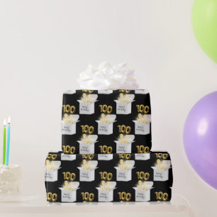 Gold 100th Birthday Balloons in White Box Wrapping Paper